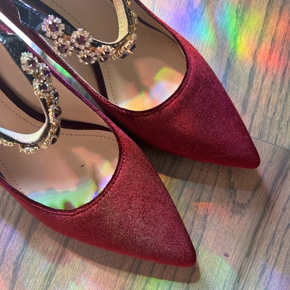 73 hours women wine red velvet point toe heels with shinning flower butt… - Picture 5 of 6